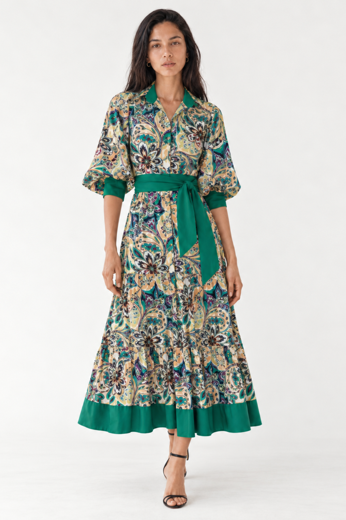 Vestido Midi Estampado Camisero Manga Abullonada Mujer - Giana